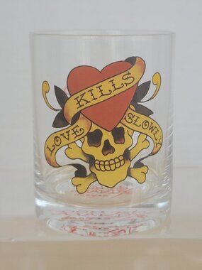 Don Ed Hardy Love Kills Slowly Double Old Fashion Rock Low Ball Drinking Glass